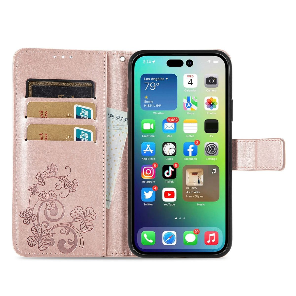 Geöffnete rosa Handyhülle mit Karten und Telefon, das App-Symbole zeigt.