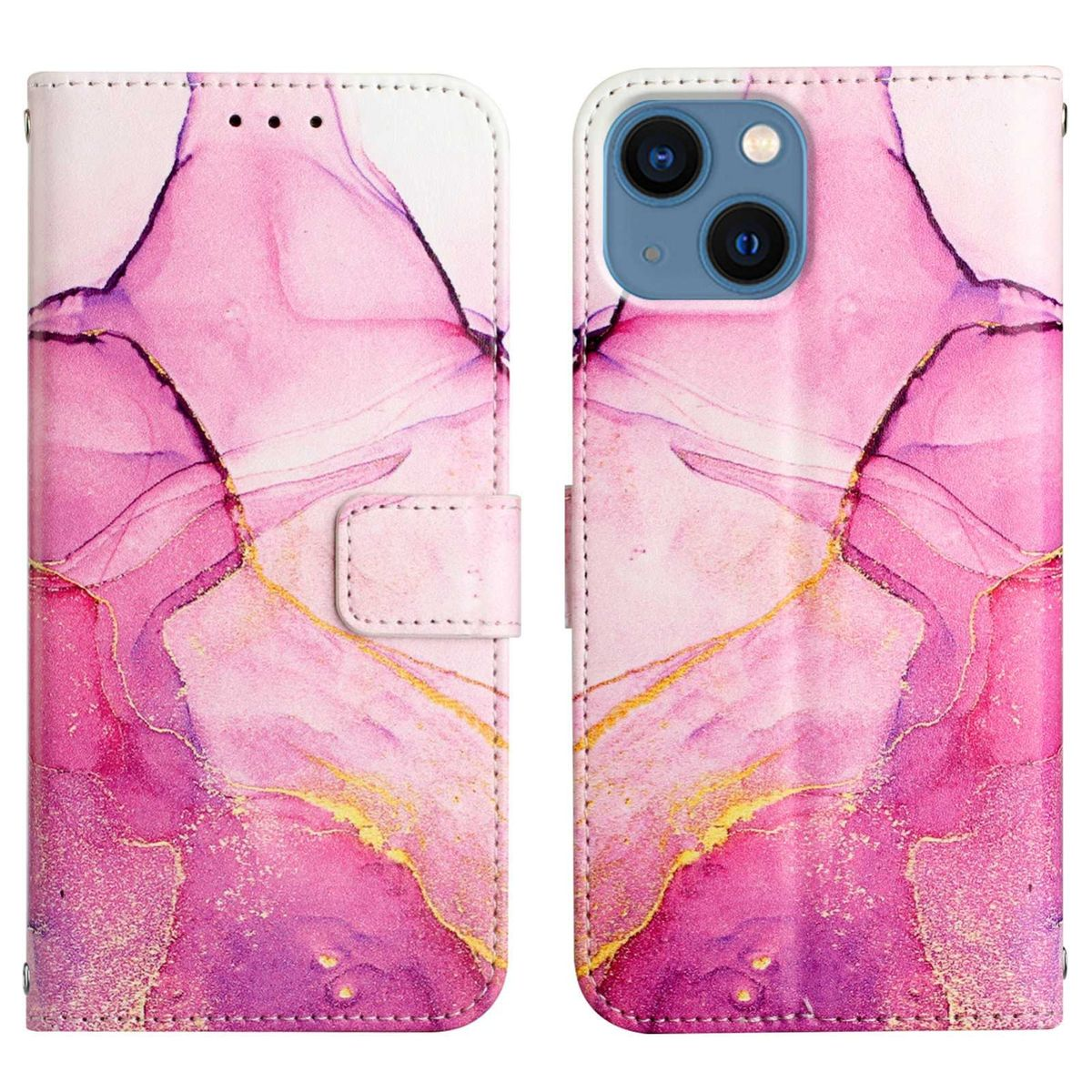 Geöffnete rosa iPhone-Hülle mit einem wirbelnden rosa, lila und goldenen Design außen und innen.