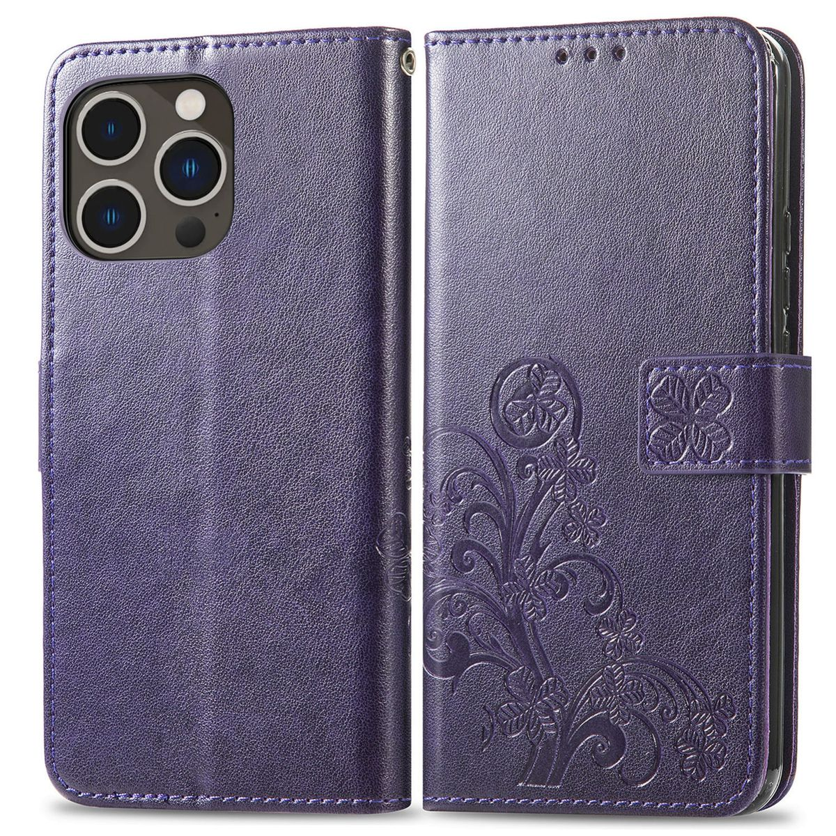 Lila Handyhülle mit floralem Design auf der Rückseite. Geschlossen, mit Magnetverschluss.