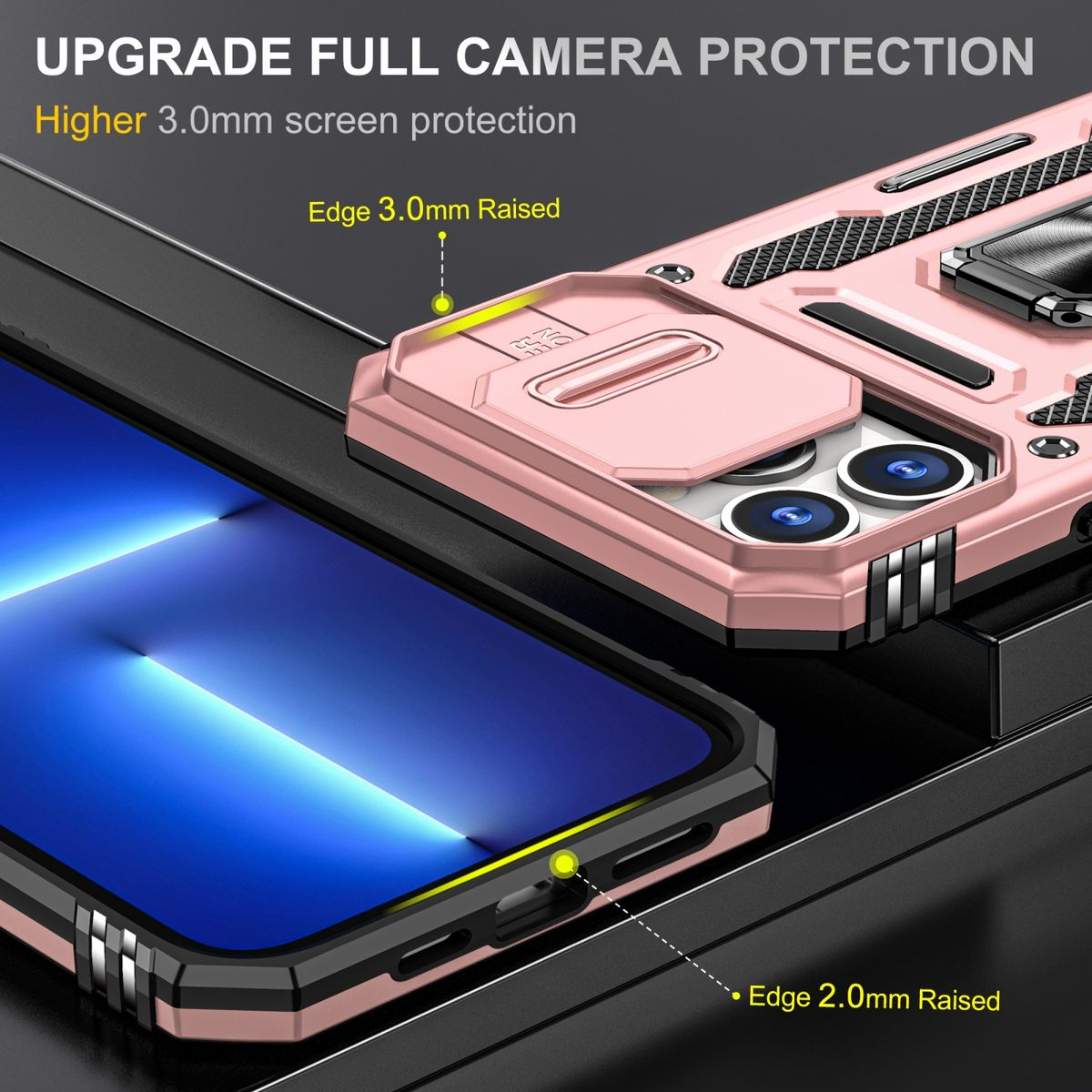 Nahaufnahme einer Handyhülle mit Handy. Die Hülle ist pink mit schwarzem Rand.