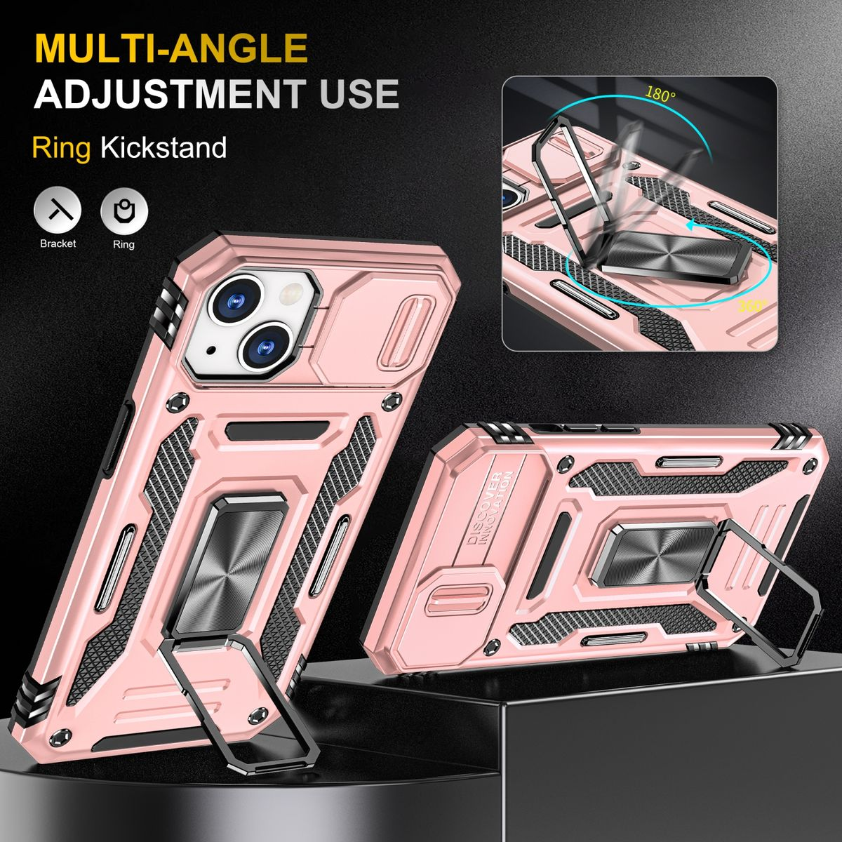 Eine rosa Handyhülle mit Ring-Kickstand und Mehrwinkel-Einstellung.