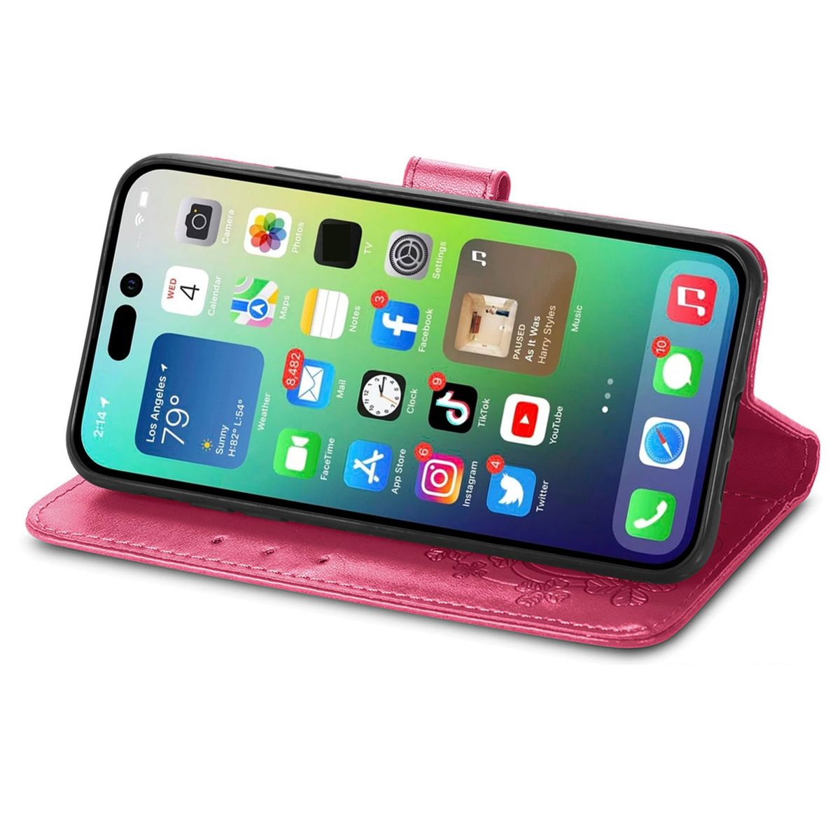 Ein Telefon in einem rosa Geldbörsenetui, das eine Kalender-App anzeigt.