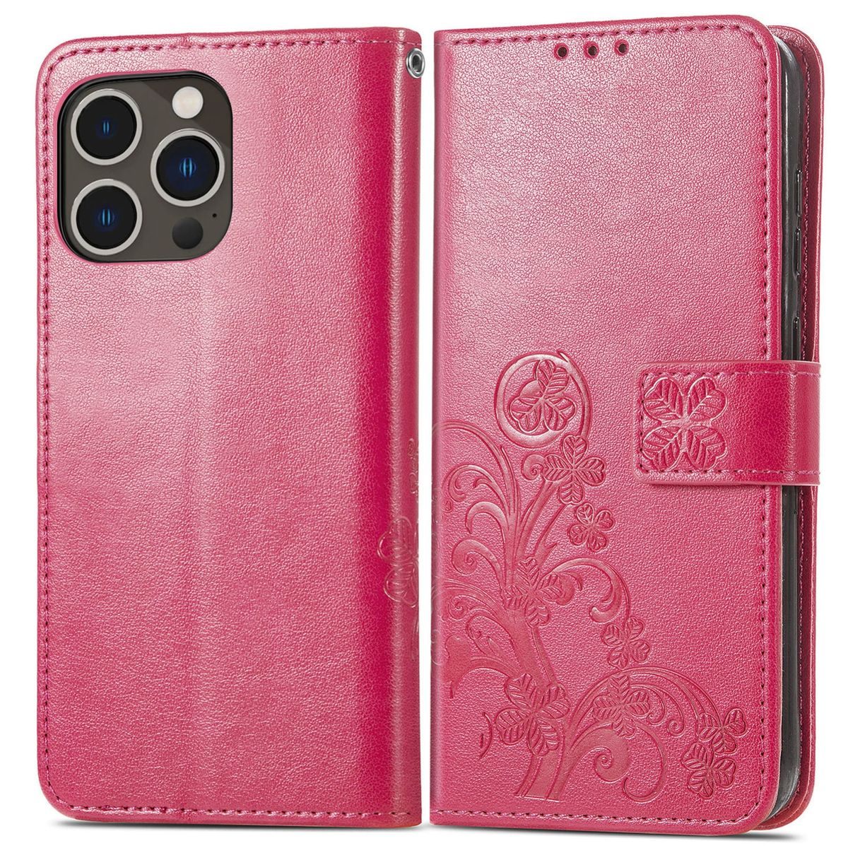 Offene pinke Handyhülle, zeigt Handy und Blumendesign. Rechte Seite zeigt ein Blumenmuster. Weißer Hintergrund.
