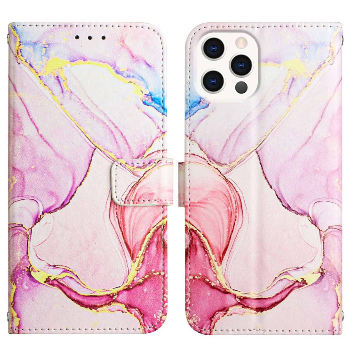 Geöffnete Handyhülle mit farbenfrohem Marmordesign, Telefon und Abdeckung zeigend.