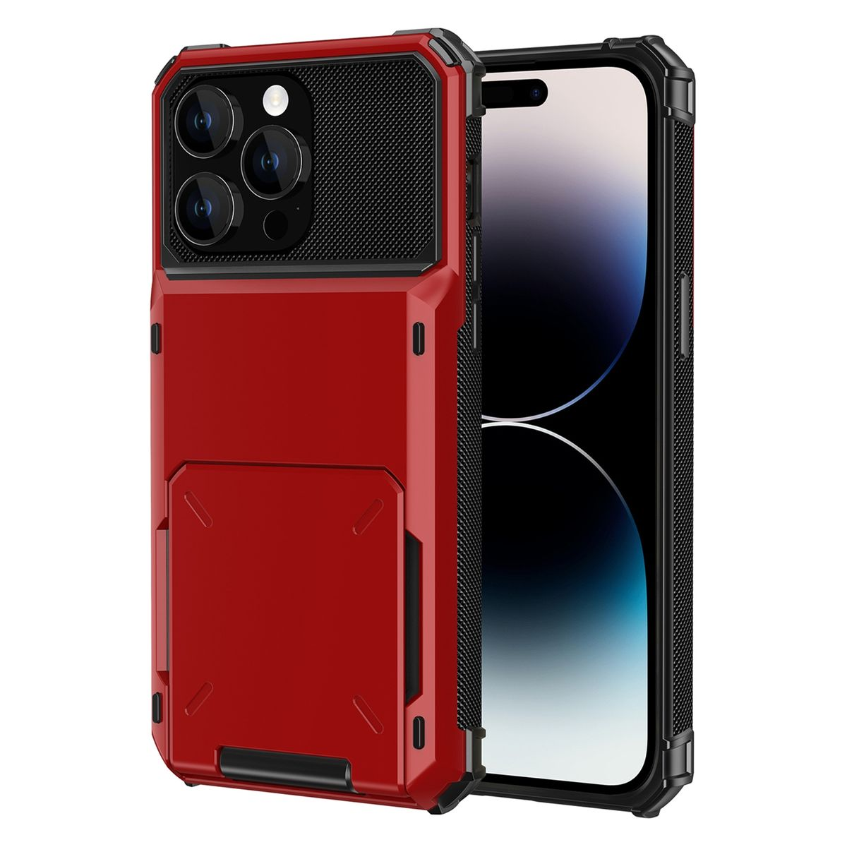 Eine rote Handyhülle mit Rückseite im Brieftaschenstil. Das Telefon ist im Inneren. Auf der Rückseite befindet sich ein schwarzes Mesh-Design.
