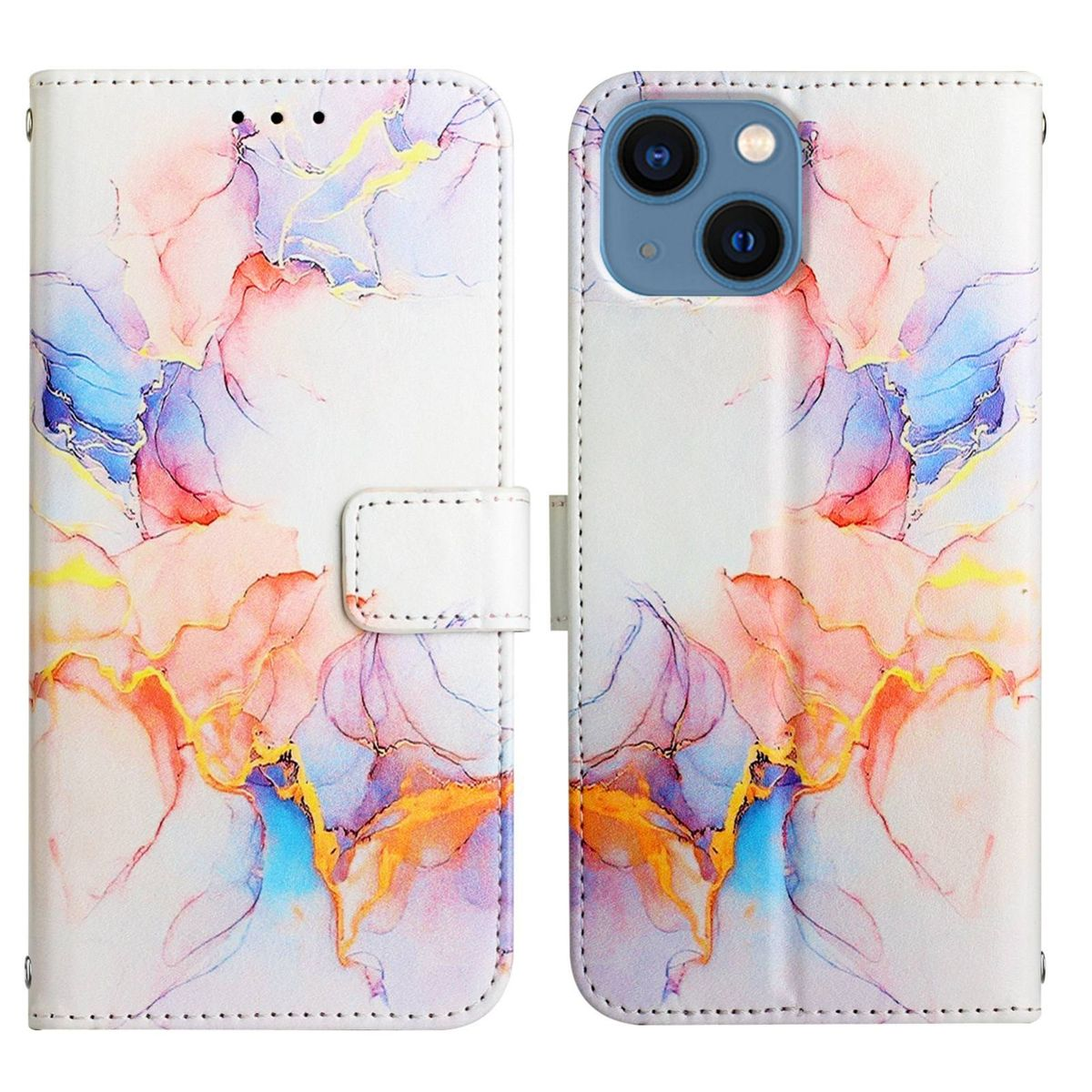Handyhülle mit abstraktem, farbenfrohem Design, geöffnet, um Telefon zu zeigen, weißer Hintergrund.