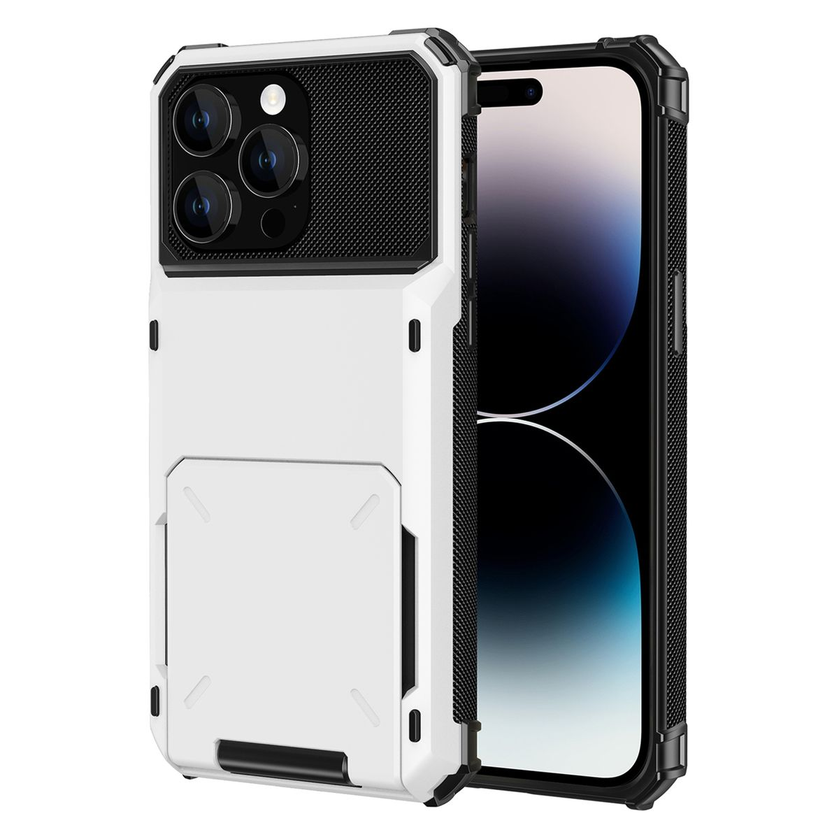 Weiße Handyhülle mit Kartenfach. Die Hülle ist weiß und hat eine schwarze Einfassung. Ein Telefon ist in der Hülle.