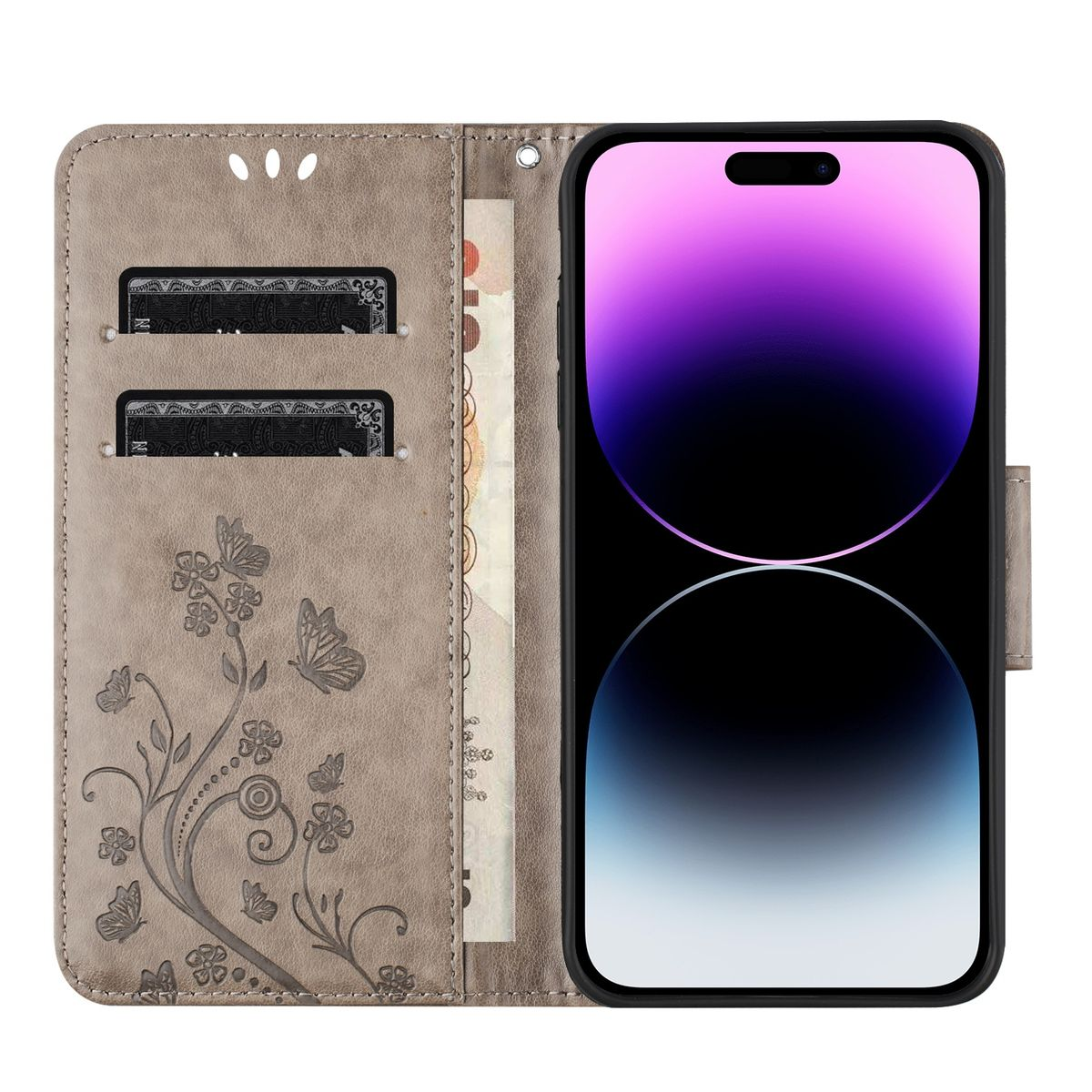 Ein Telefon in einer Brieftaschenhülle. Die Hülle ist geöffnet und zeigt Karten, Bargeld und einen Telefonbildschirm.