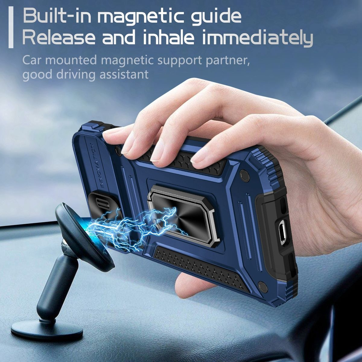 Hand hält blaue Handyhülle mit magnetischer Autohalterung und Ladeeffekt.