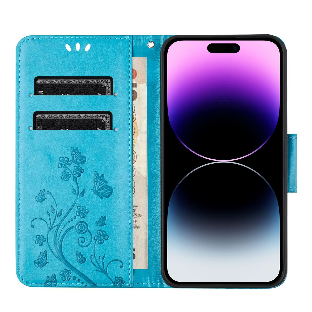 Ein Telefon in einer offenen blauen Brieftasche, die App-Symbole anzeigt. Das Gehäuse hat ein Blumendesign und Kartenfächer.