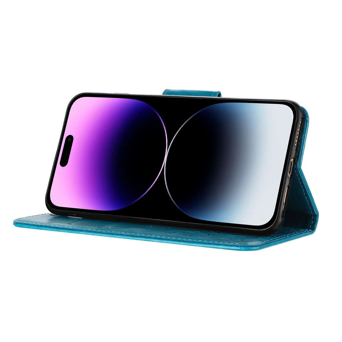 Geöffnete teal Handyhülle mit Telefon, das ein farbenfrohes abstraktes Bild zeigt.