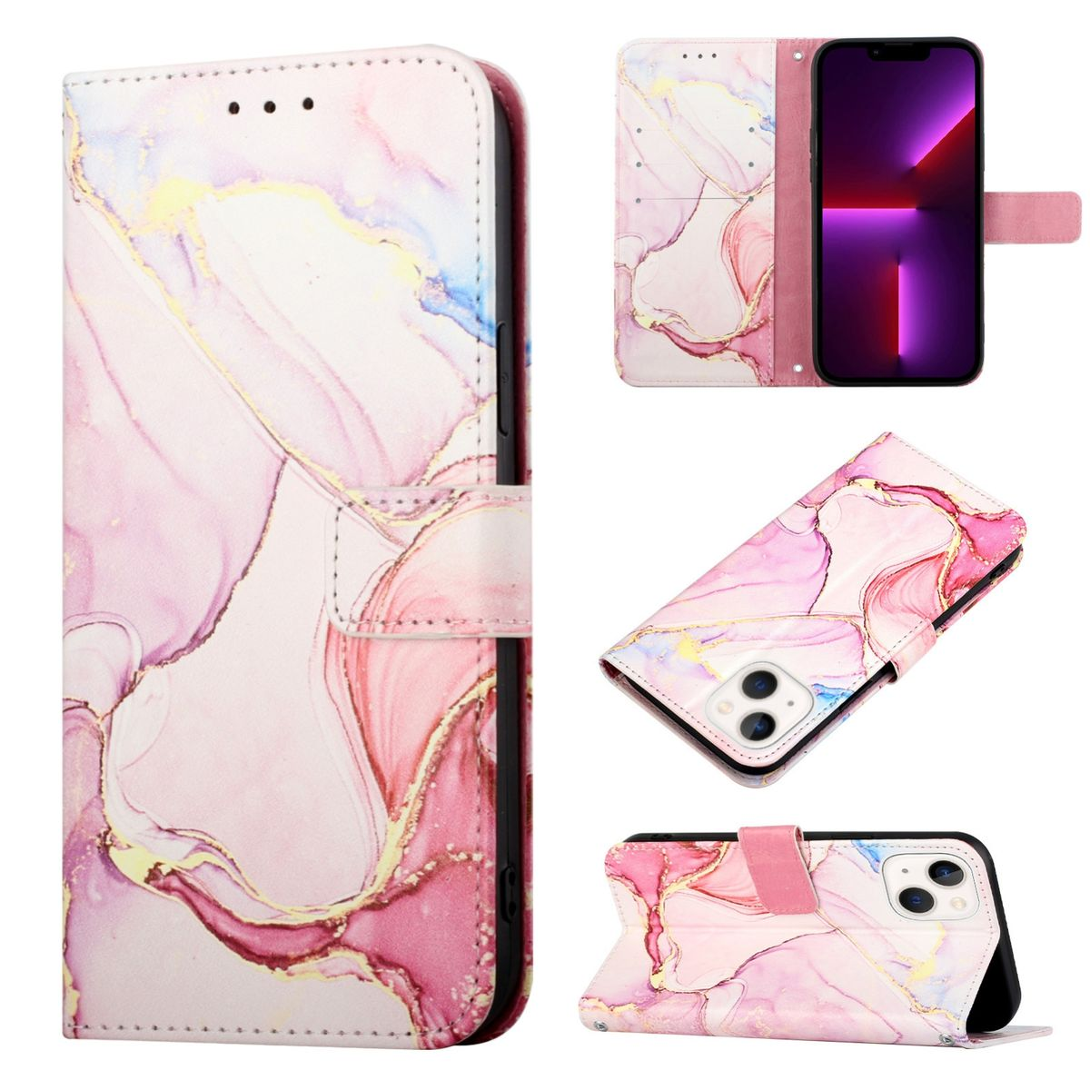 Rosa iPhone-Wallet-Hülle mit Marmormuster, mit mehreren Ansichten und einem Telefon darin.