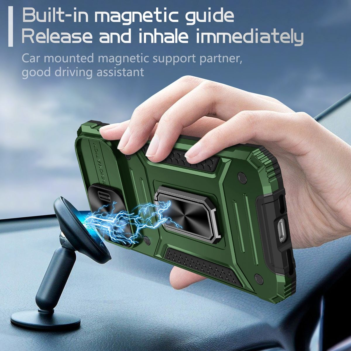 Grüne Handyhülle auf magnetischer Autohalterung, mit Hand und blauem Funken.