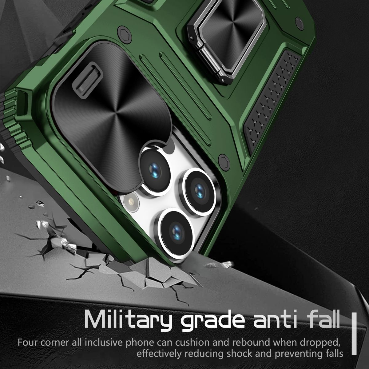 Grüne Handyhülle mit Kameraausschnitt und Telefon. Text: Military grade anti fall.