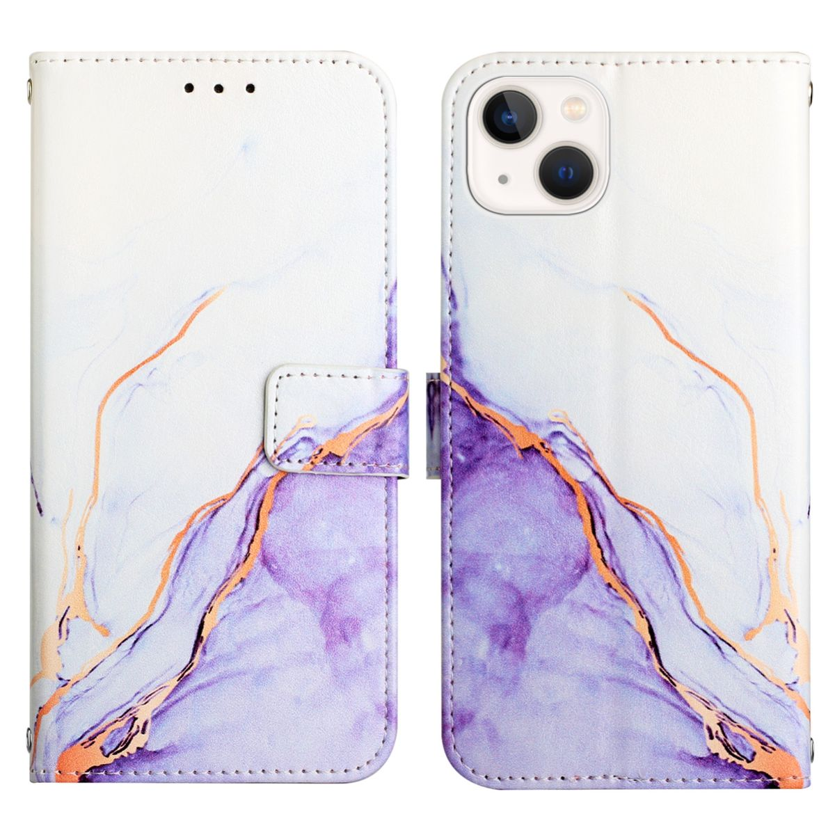 Geöffnete Handyhülle mit Marmordesign, hält ein Telefon. Weiße, lila und orange Farben.