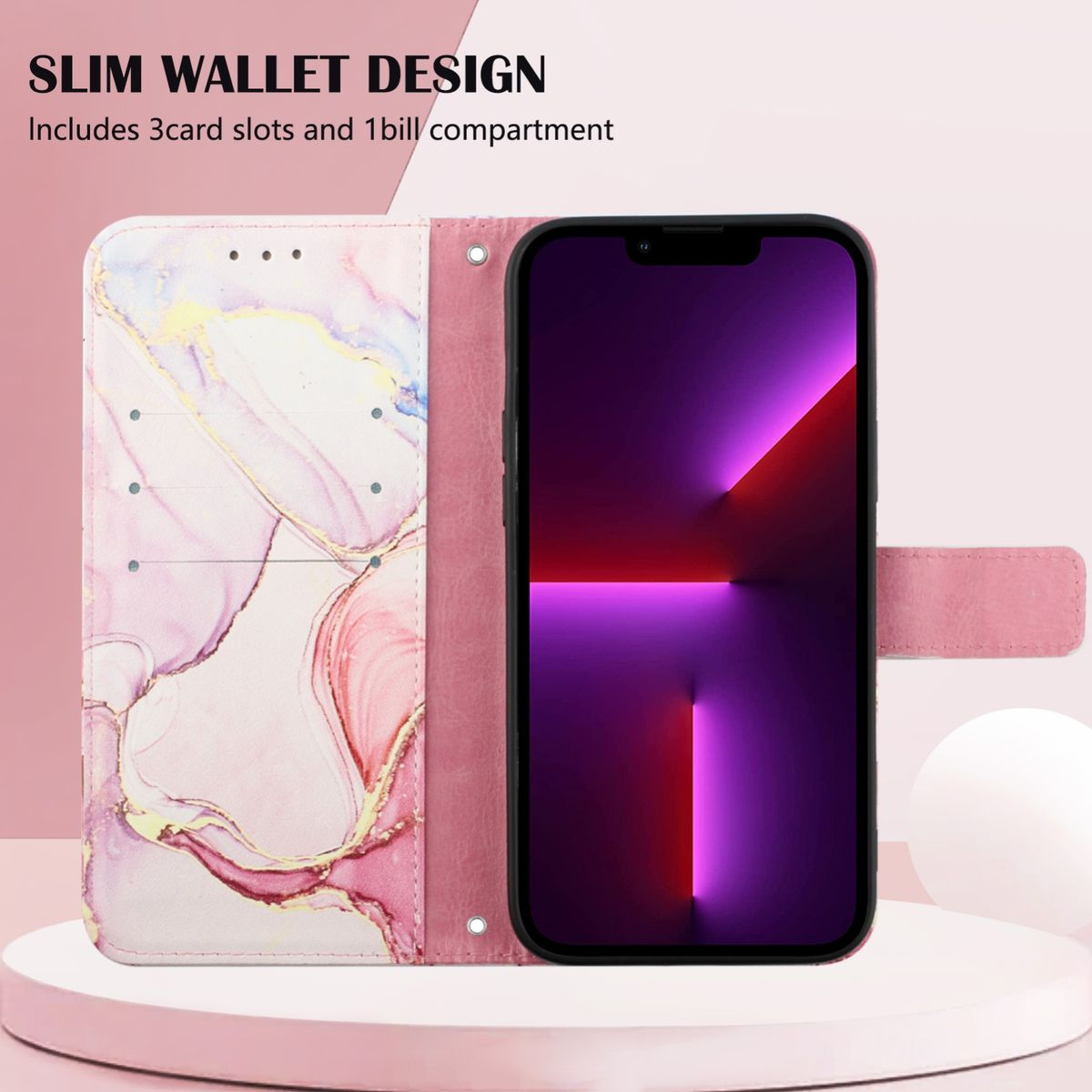 Eine rosa Handyhülle mit Telefon darin. Das Design hat Marmoreffekt und Kartenfächer.