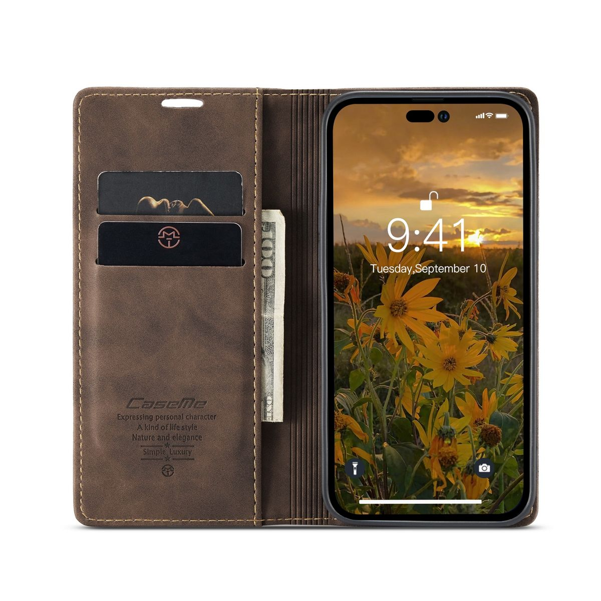 Offene Handyhülle, zeigt Telefon und Karten. Hintergrund ist ein Blumenfeld.
