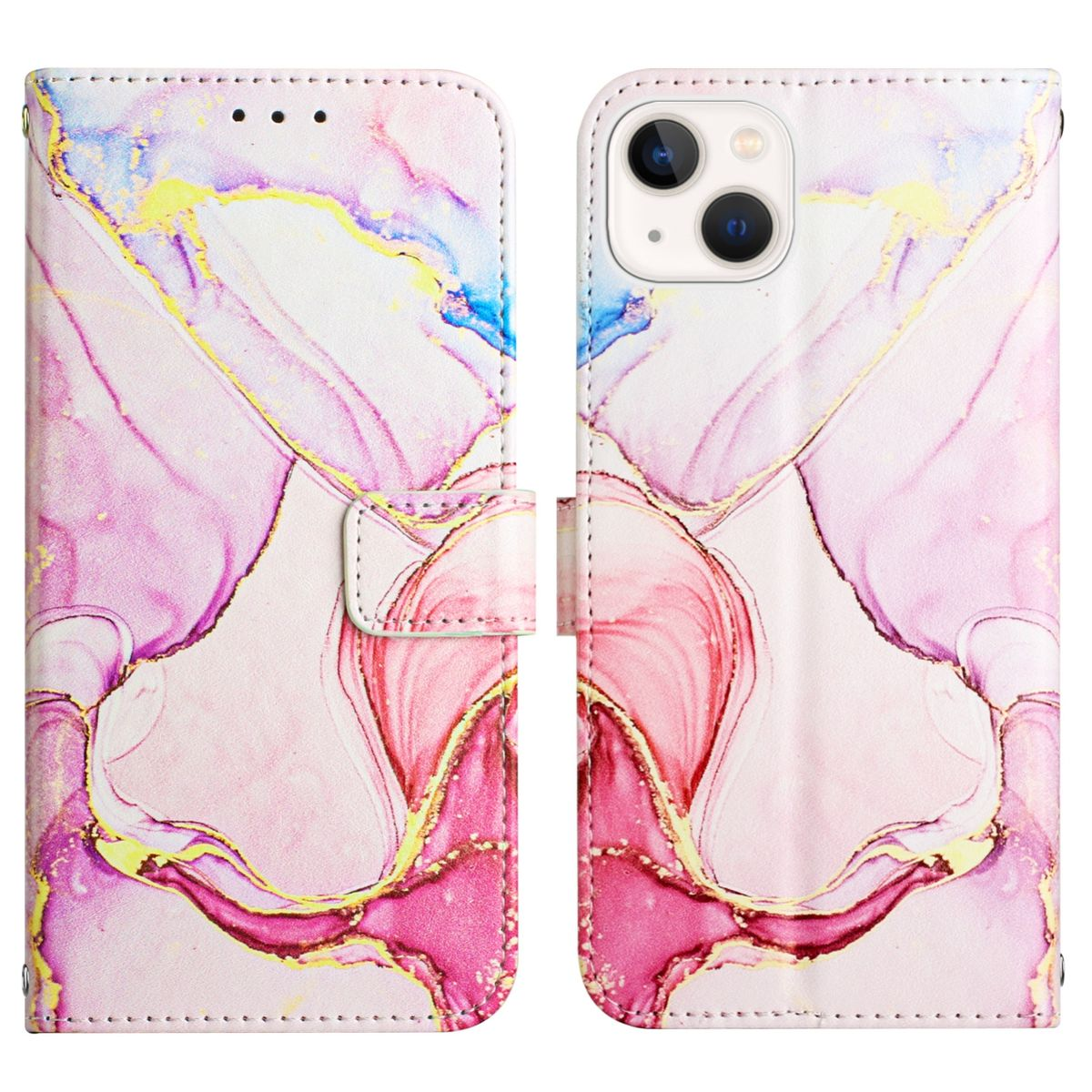 Geöffnete Handyhülle mit Marmordesign in Pink, Blau und Gold.