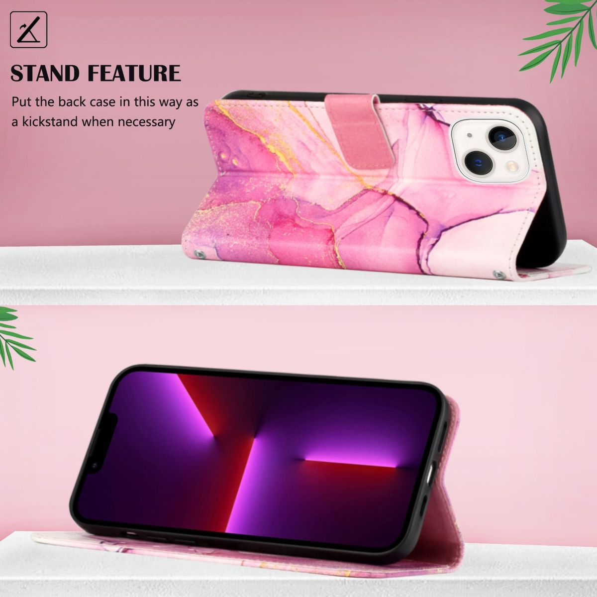Handyhülle mit Telefon darin, als Ständer. Rosa-Gold-Design. Isoliert auf weißer Oberfläche.