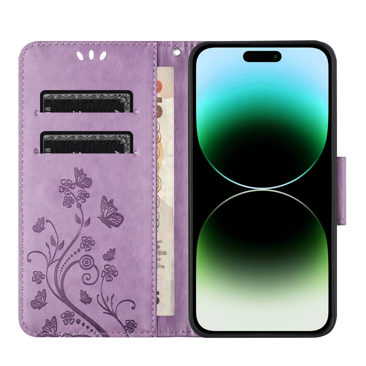 Geöffnete lila Handy-Brieftasche mit Karten und Telefon, mit floralem Design.
