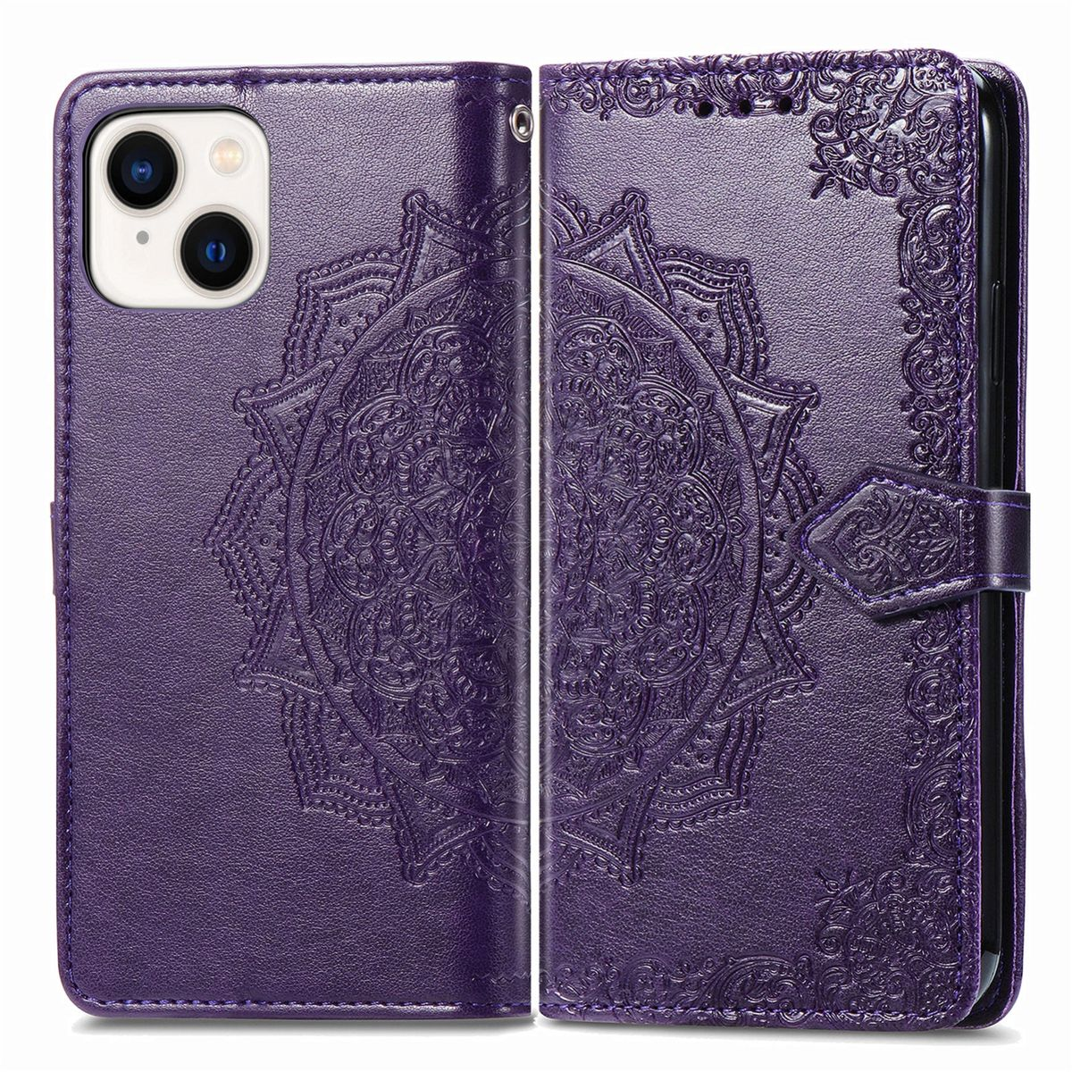 Lila Handyhülle mit Mandala-Design. Geöffnet, zeigt das Telefon. Ledertextur.