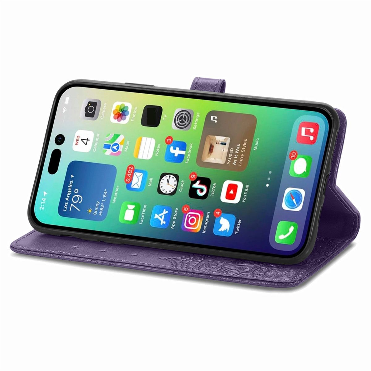 Lila Handyhülle offen mit Telefon. Symbole auf dem Bildschirm sichtbar. Leder mit Design.