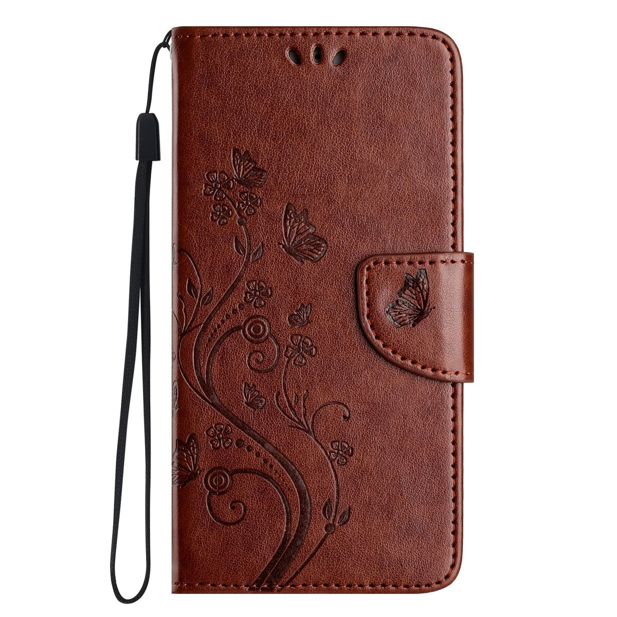 Braune iPhone-Wallet-Hülle mit Schmetterlingsdesign, mit Riemen und Telefon darin.