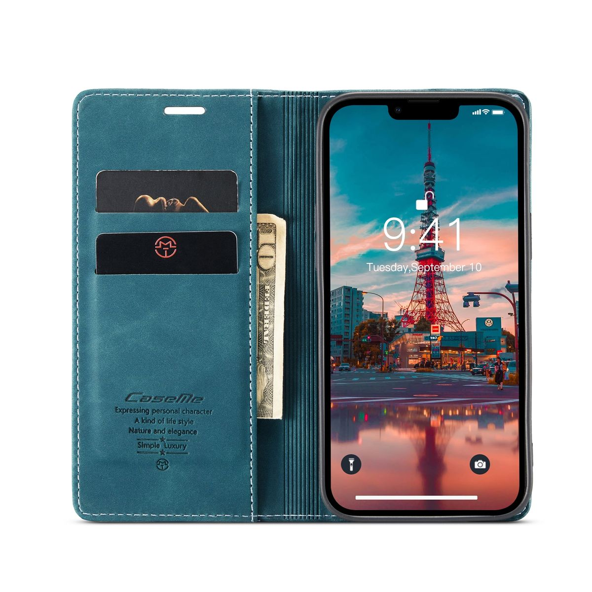 Eine blaue Handyhülle mit einem Telefon darin. Die Hülle ist offen und hat Kartenfächer und einen Geldschlitz.