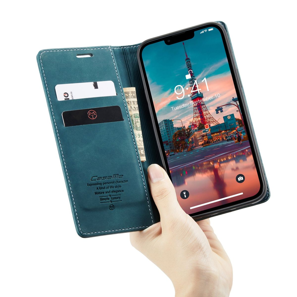 Eine Handyhülle mit einem Telefon darin, das ein Bild des Tokyo Towers zeigt.