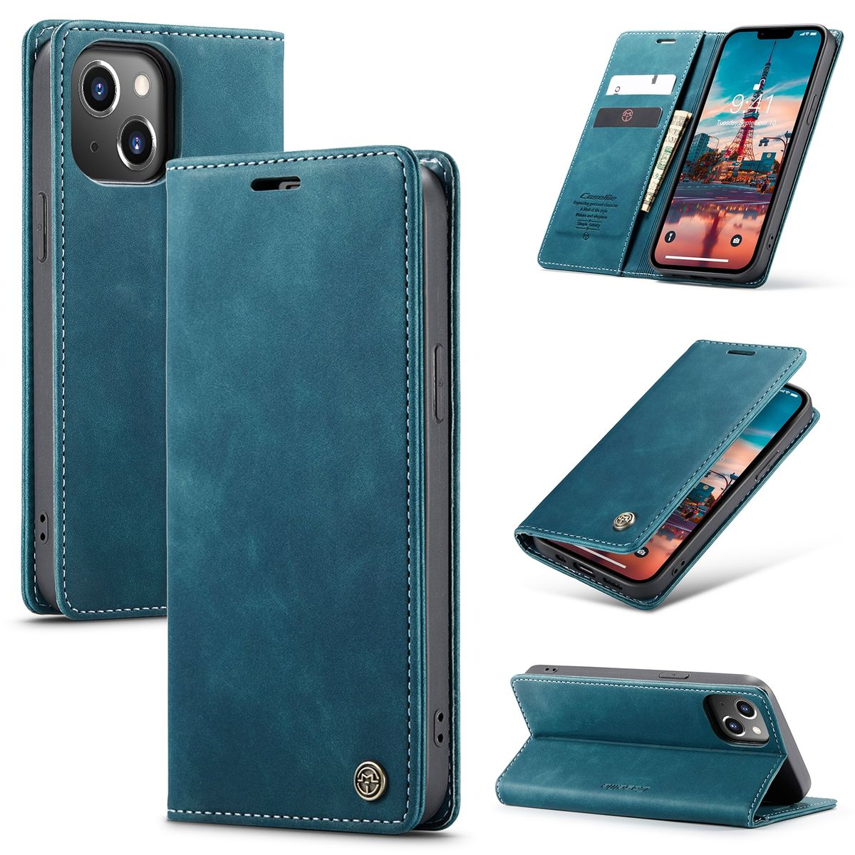 Eine teal-farbene Leder-Handyhülle mit mehreren Ansichten, die das Telefon im Inneren und seine verschiedenen Faltpositionen zeigt.