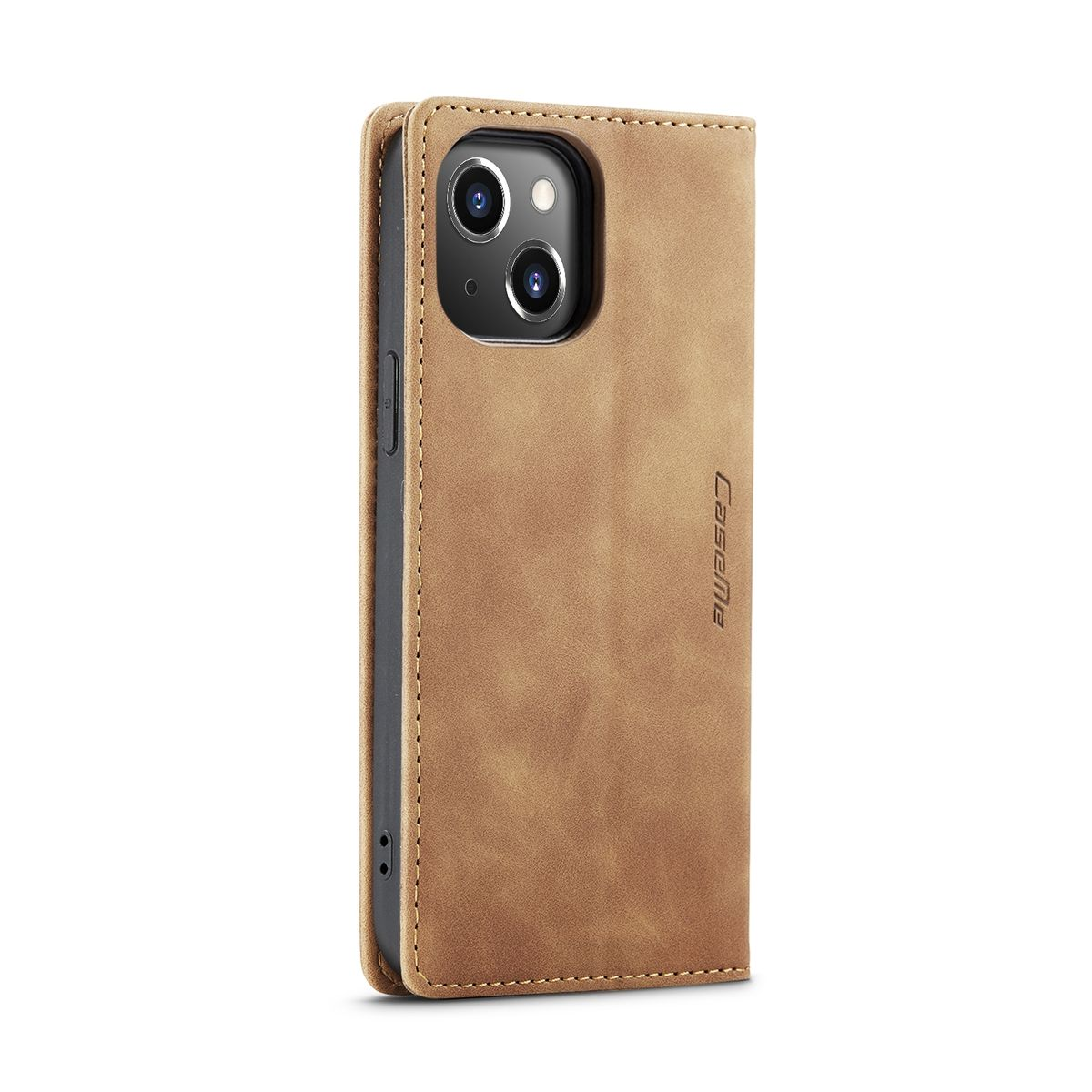 Eine braune Handyhülle mit dem Telefon im Inneren. Die Hülle hat eine Lederstruktur und der Markenname ist sichtbar.