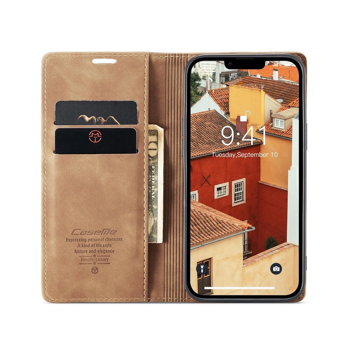 Braune Handyhülle mit Telefon, das eine Stadtlandschaft zeigt.