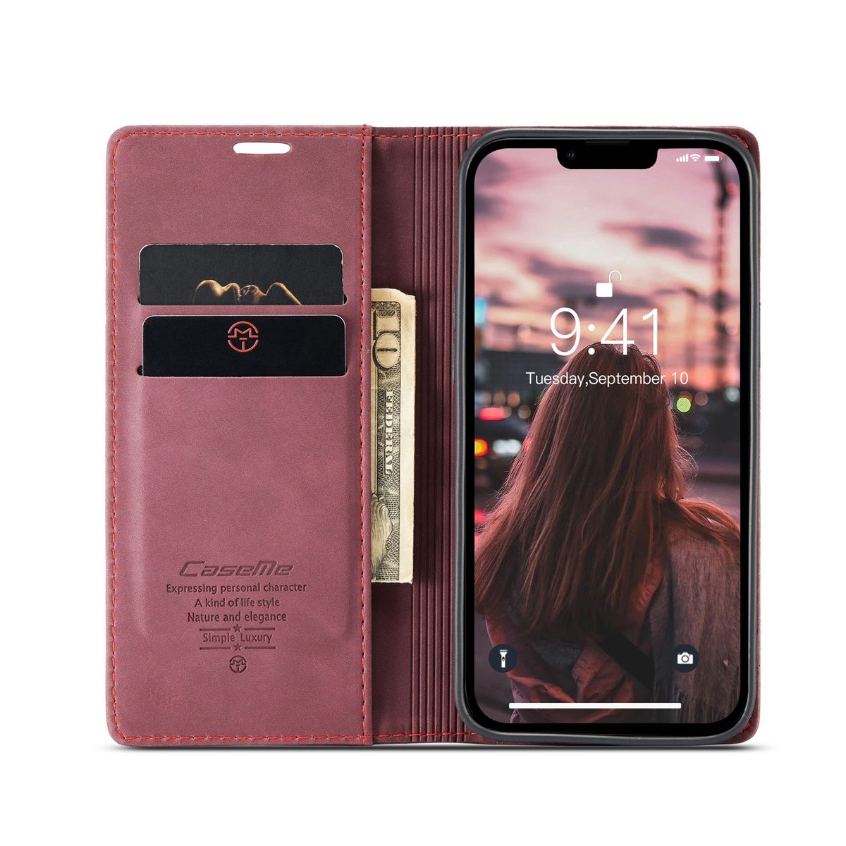 Eine rote Handyhülle öffnet sich und zeigt ein Telefon mit einem Bildschirm, der eine Benutzeroberfläche mit App-Symbolen, Karten und Geld anzeigt.
