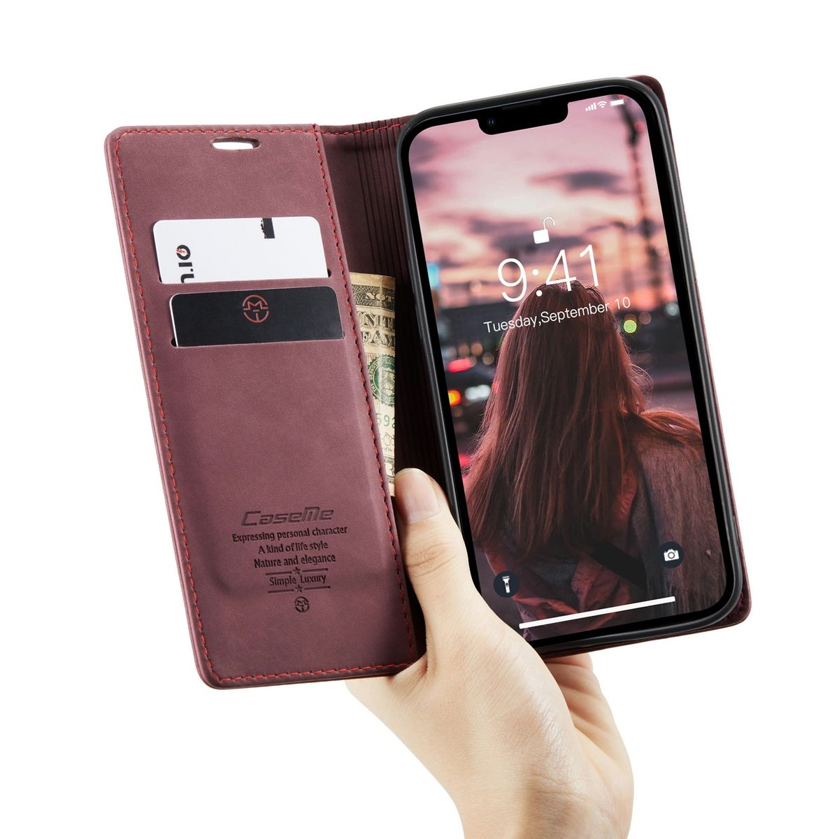 Handyhülle mit Karten, Bargeld und Telefon mit Frauenfoto.