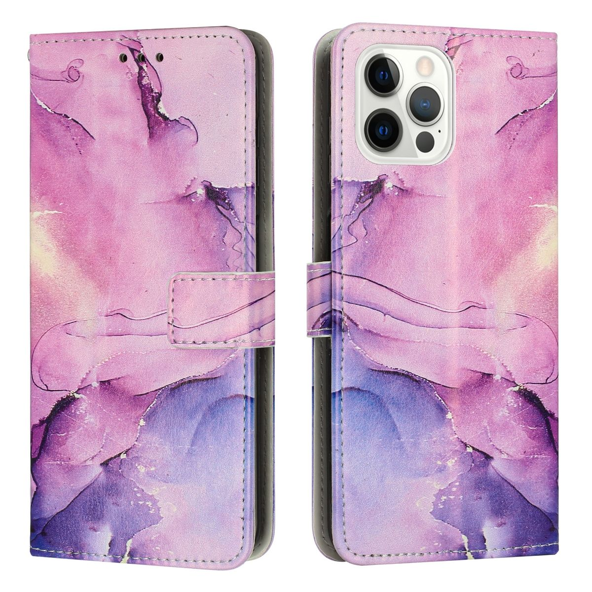 Eine rosa und lila gemusterte Handyhülle, offen, um das Telefon zu zeigen.