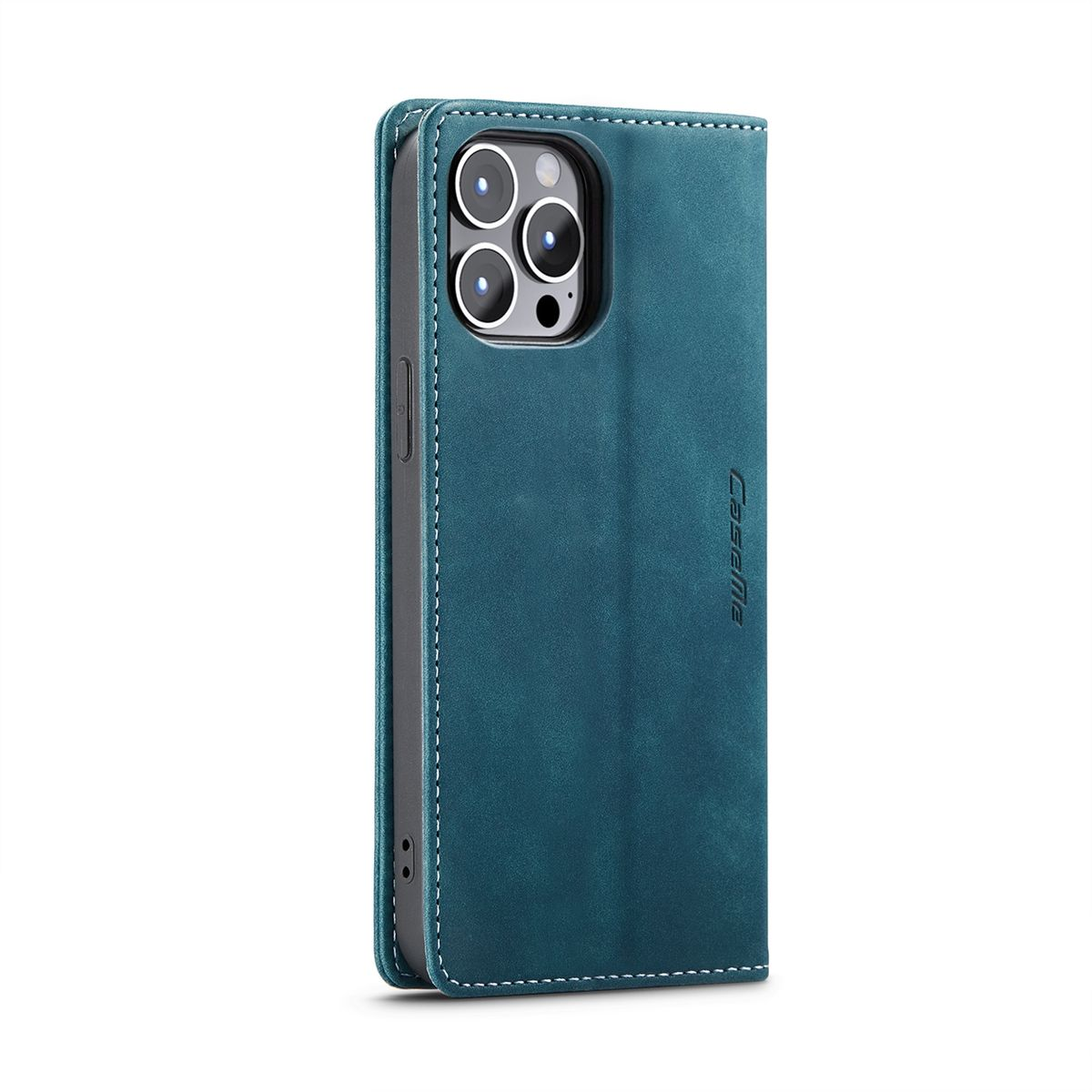 Türkisfarbene Handyhülle. Die Hülle ist im Folio-Stil, mit gestepptem Design und Magnetverschluss.