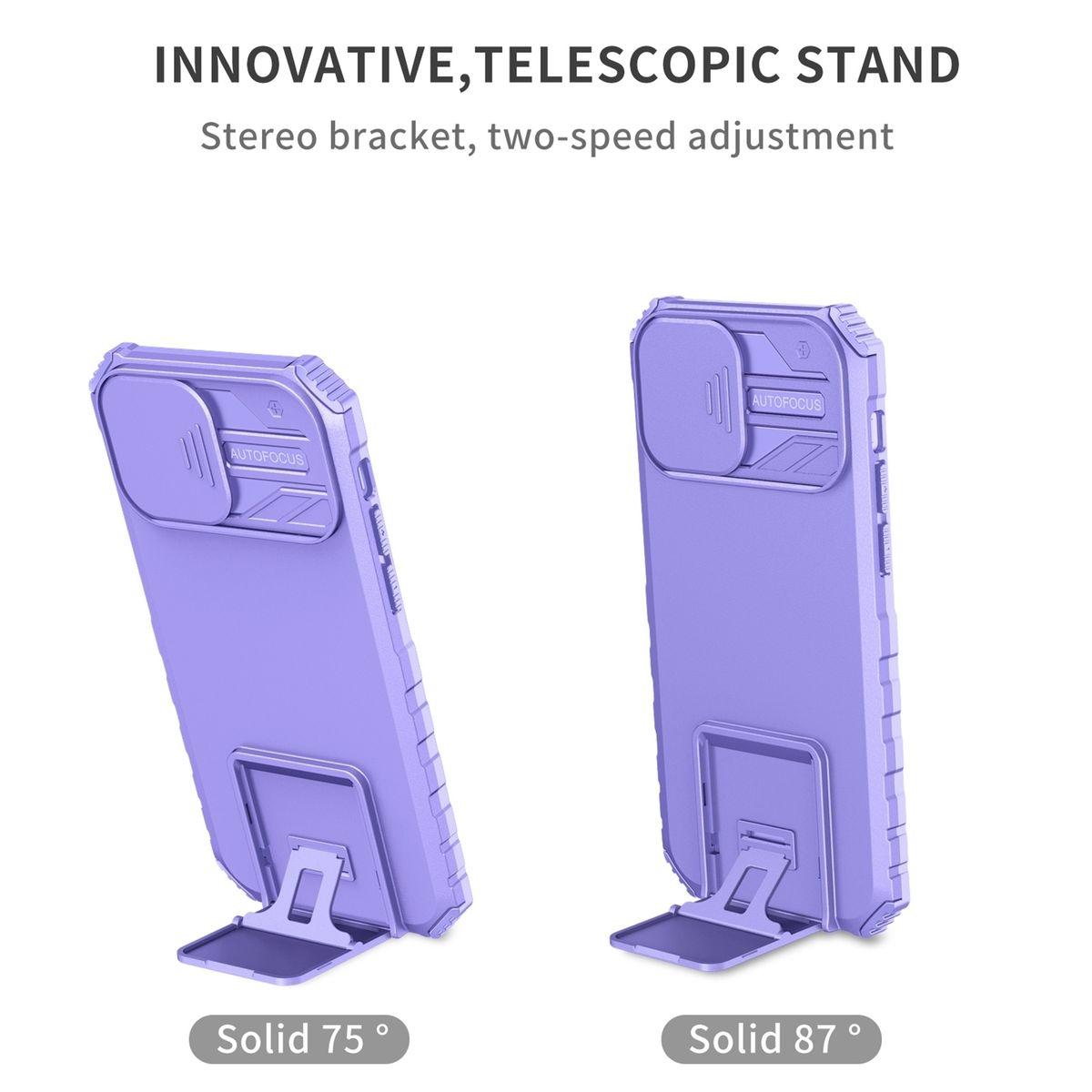 Zwei lila Handyhüllen mit Ständern. Text: Innovativer, Teleskopständer; Solid 75°; Solid 87°.