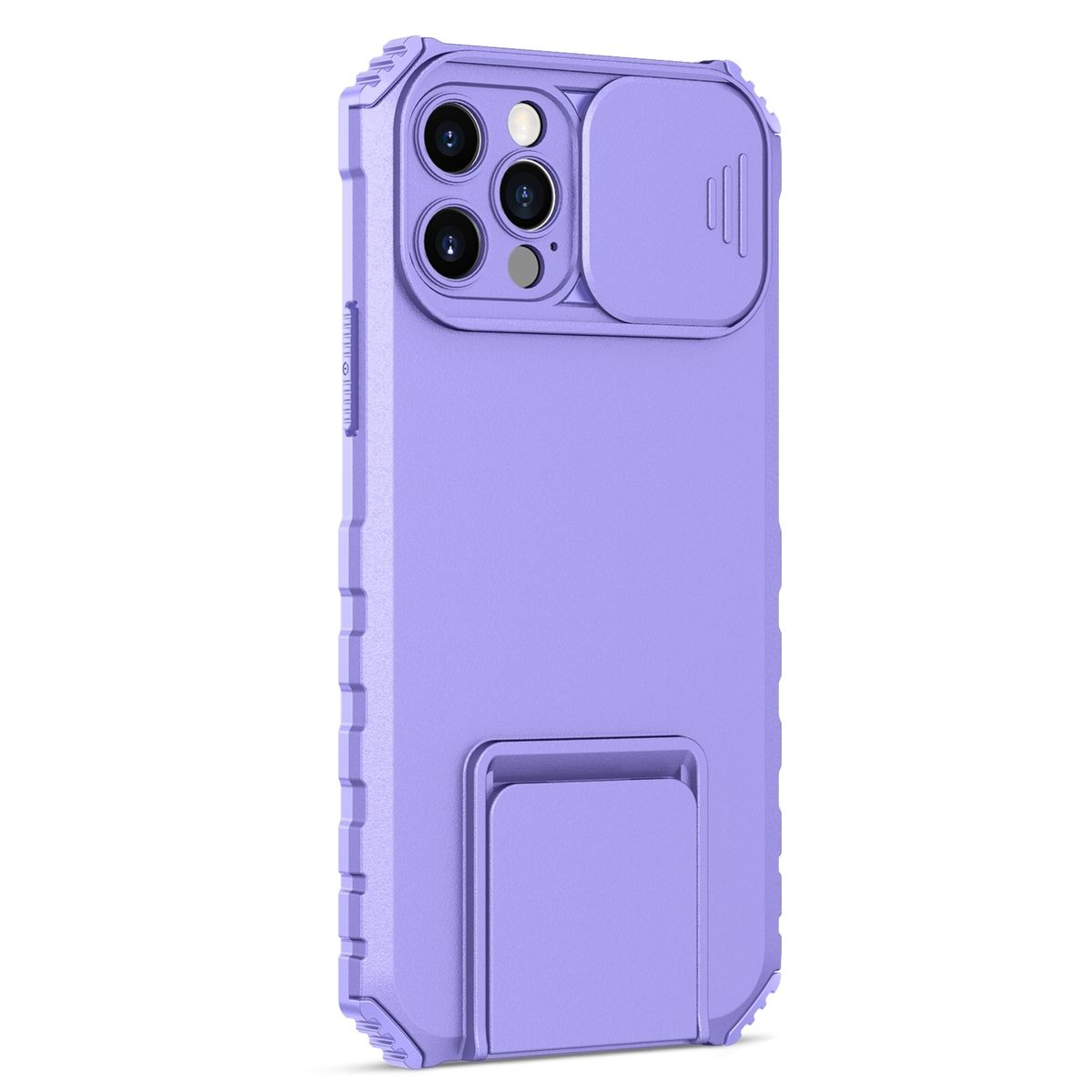 Lila Handyhülle mit Kameraabdeckung und Ständer. Das Telefon ist nicht sichtbar.