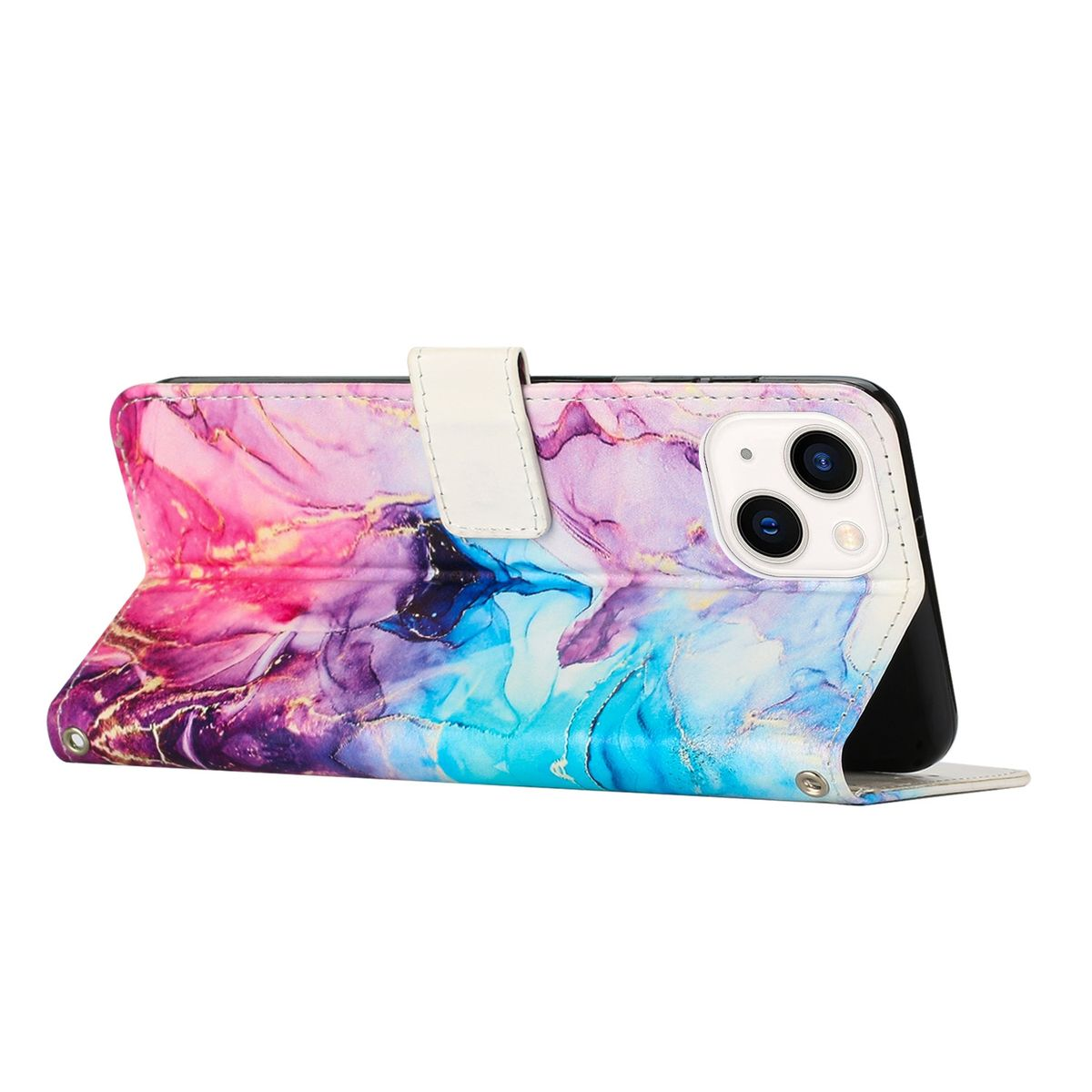 Eine Handyhülle mit farbenfrohem Design, geöffnet, um ein Telefon zu zeigen. Die Hülle hat einen weißen Verschluss.