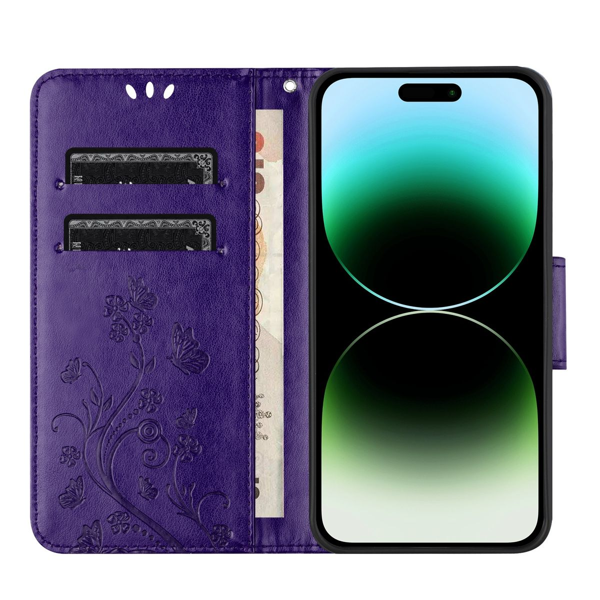 Lila Telefon-Brieftaschen-Hülle mit Telefon mit grünem Bildschirm und Kartenfächern.