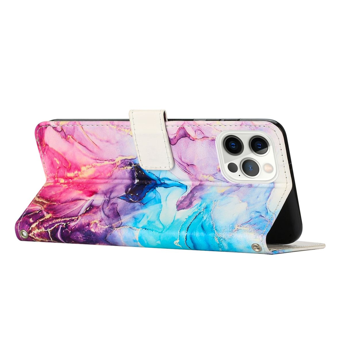 Handyhülle mit farbenfrohem, abstraktem Design, geöffnet, Telefon sichtbar, vor weißem Hintergrund.