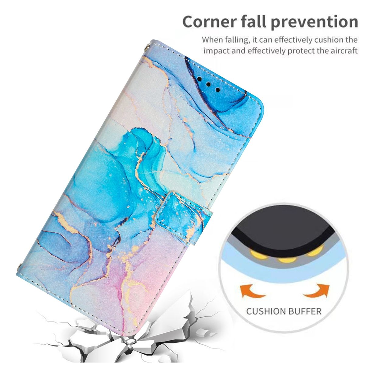 Eine blaue Handyhülle mit Marmormuster schützt ein Telefon, mit einem Polsterpuffer am Boden.
