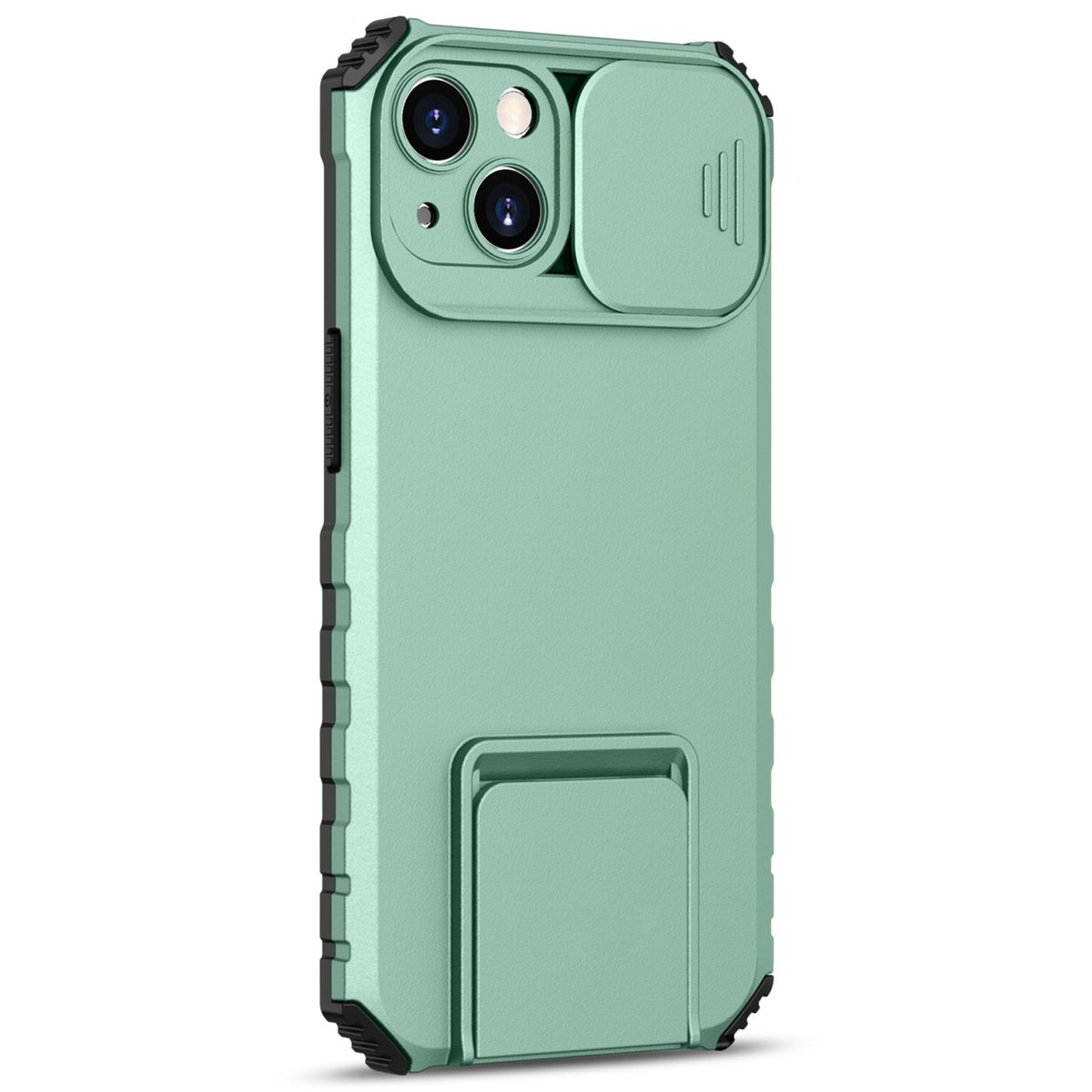 Grüne Handyhülle mit Kameraabdeckung und Ständer. Schwarze Akzente, schützt das Telefon.