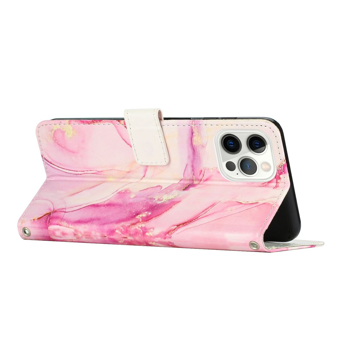 Eine rosa Handyhülle mit Marmordesign, offen, zeigt ein Telefon im Inneren.