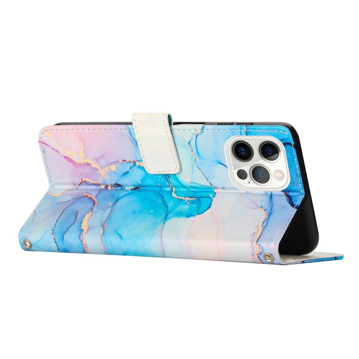 Geöffnete Handyhülle, die ein Telefon zeigt. Die Hülle ist blau und weiß mit Marmor-Design und weißem Riemen.