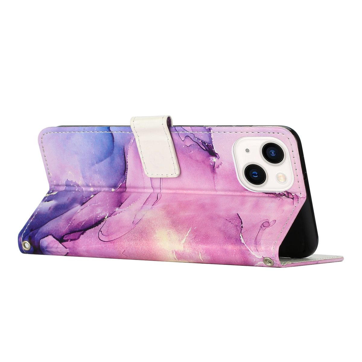 Telefon in einer pink-violett gemusterten Geldbörse, geschlossen. Die Geldbörse liegt auf weißem Untergrund.
