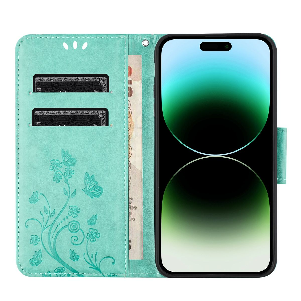 Geöffnete Handyhülle mit floralem Design, hält Karten und Telefon. Das Telefon zeigt Gradienten.