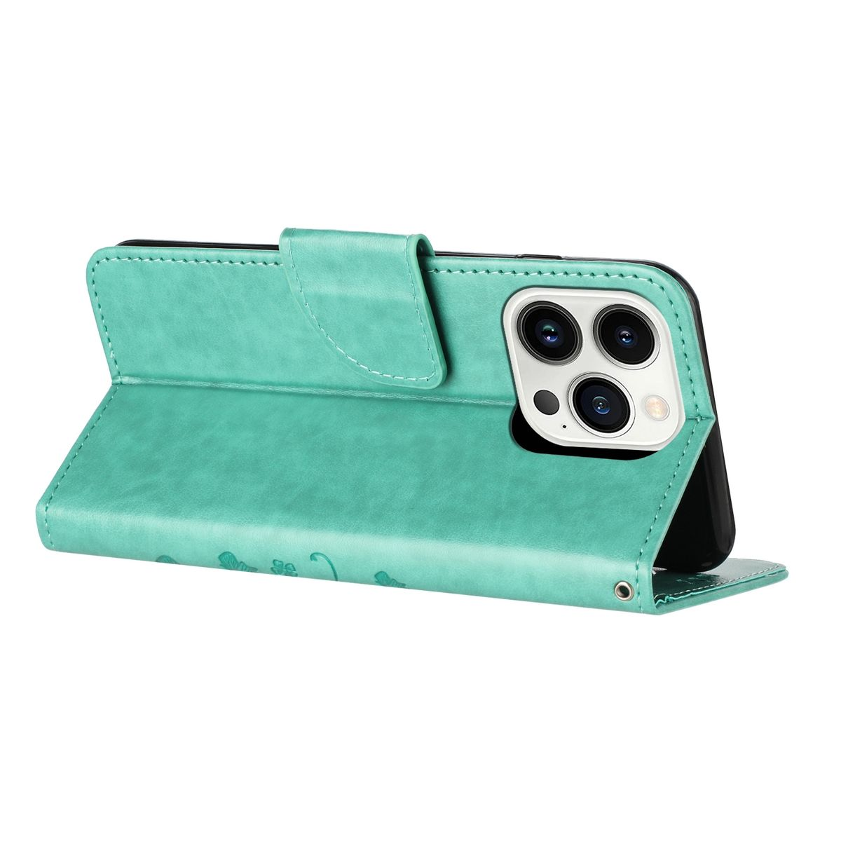 Minzgrüne Handyhülle mit Telefon darin, geöffnet.