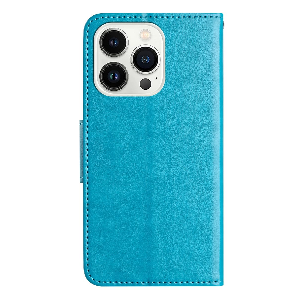 Türkisfarbene Handyhülle im Brieftaschenstil. Sie ist mit einem Magnetverschluss geschlossen. Die Hülle hat ein elegantes Design.