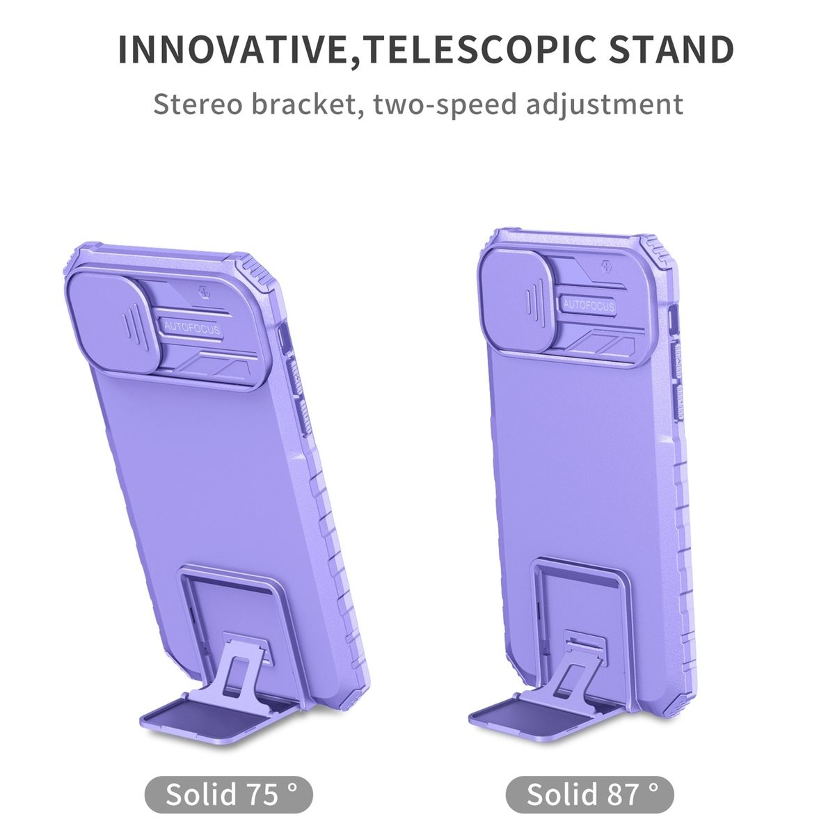 Zwei lila Telefonständer in verschiedenen Positionen mit Text.